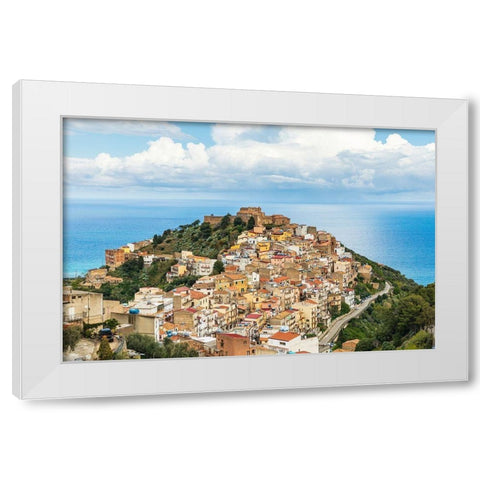 Messina Province-Caronia The medieval hilltop town Caronia-built around a Norman castle White Modern Wood Framed Art Print by Wilson, Emily