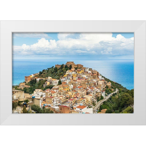 Messina Province-Caronia The medieval hilltop town Caronia-built around a Norman castle White Modern Wood Framed Art Print by Wilson, Emily