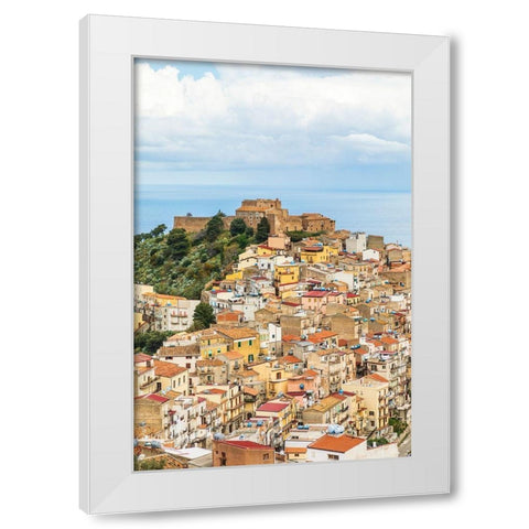 Messina Province-Caronia The medieval hilltop town Caronia-built around a Norman castle White Modern Wood Framed Art Print by Wilson, Emily