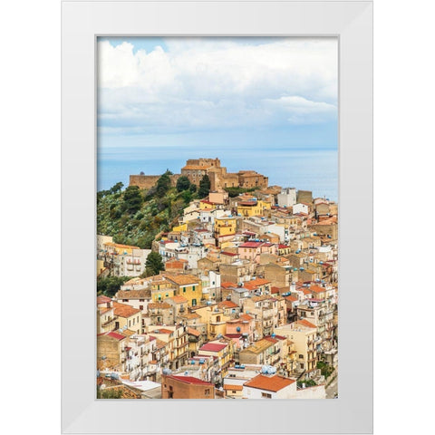 Messina Province-Caronia The medieval hilltop town Caronia-built around a Norman castle White Modern Wood Framed Art Print by Wilson, Emily