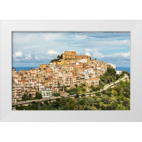 Messina Province-Caronia The medieval hilltop town Caronia-built around a Norman castle White Modern Wood Framed Art Print by Wilson, Emily