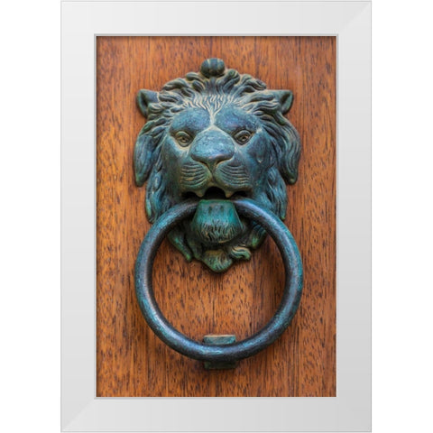 Messina Province-Caronia A bronze door knocker in the shape of a lion-in the medieval town White Modern Wood Framed Art Print by Wilson, Emily