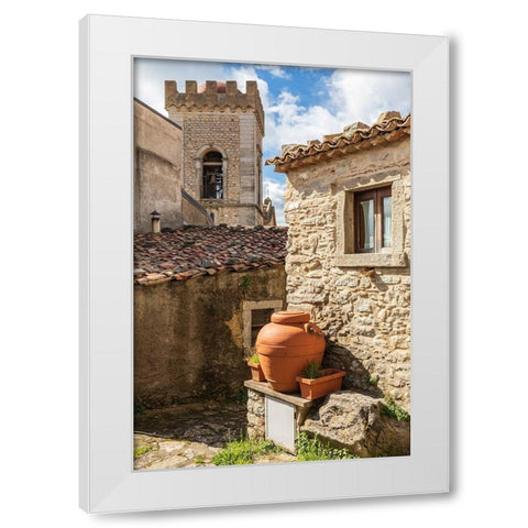 Messina Province-Montalbano Elicona Terra cotta urns next to old stone building White Modern Wood Framed Art Print by Wilson, Emily