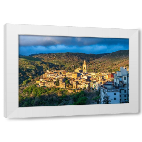Messina Province-Novara di Sicilia The medieval hill town of Novara di Sicilia at sunset White Modern Wood Framed Art Print by Wilson, Emily
