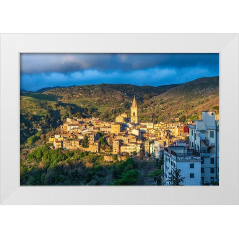Messina Province-Novara di Sicilia The medieval hill town of Novara di Sicilia at sunset White Modern Wood Framed Art Print by Wilson, Emily