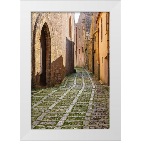 Trapani Province-Erice A narrow cobblestone street in the ancient hill town of Erice White Modern Wood Framed Art Print by Wilson, Emily