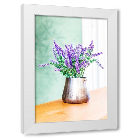 Italy-Apulia-Metropolitan City of Bari-Monopoli Lavender flowers in a metal vase White Modern Wood Framed Art Print by Wilson, Emily