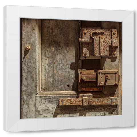 Italy-Apulia-Metropolitan City of Bari-Giovinazzo Old wooden door with massive rusted metal locks White Modern Wood Framed Art Print by Wilson, Emily