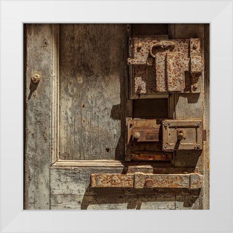 Italy-Apulia-Metropolitan City of Bari-Giovinazzo Old wooden door with massive rusted metal locks White Modern Wood Framed Art Print by Wilson, Emily