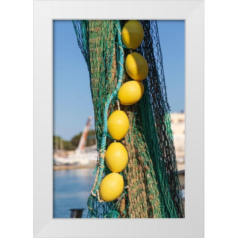 Italy-Apulia-Province of Barletta-Andria-Trani-Trani Close-up of fishing net and floats White Modern Wood Framed Art Print by Wilson, Emily