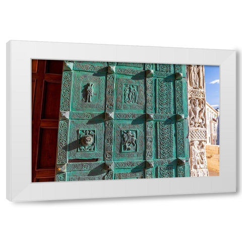 Italy-Apulia-Trani-Trani San Nicola Pellegrino cathedral Intricately carved door White Modern Wood Framed Art Print by Wilson, Emily