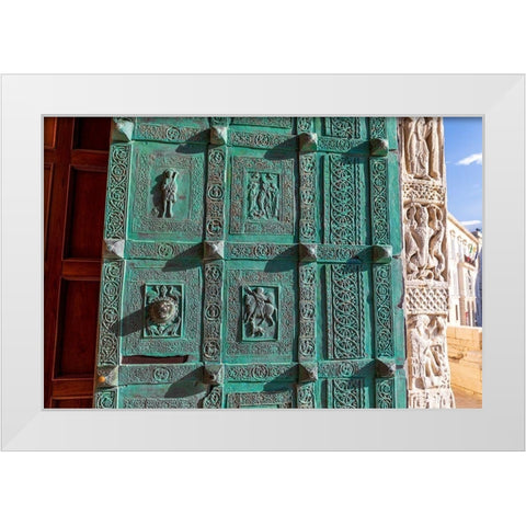 Italy-Apulia-Trani-Trani San Nicola Pellegrino cathedral Intricately carved door White Modern Wood Framed Art Print by Wilson, Emily