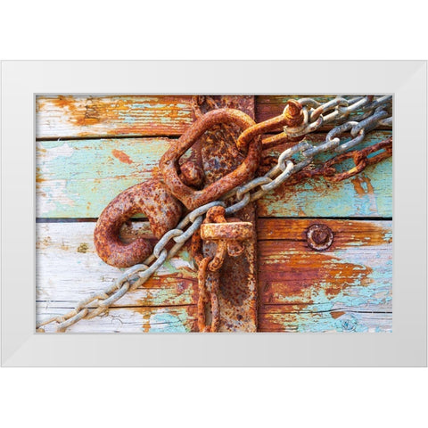 Rusty lock and chain on light blue wood White Modern Wood Framed Art Print by Wilson, Emily