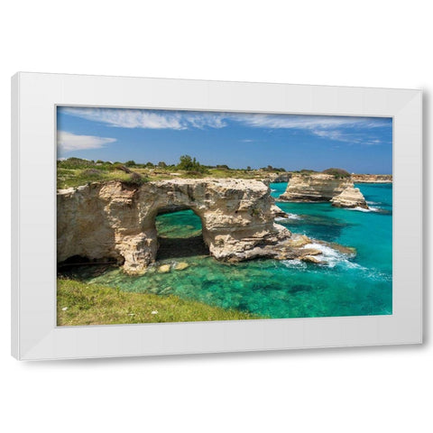 Italy-Apulia-Province of Lecce-Melendugno Torre SantAndrea Eroded limestone cliffs White Modern Wood Framed Art Print by Wilson, Emily