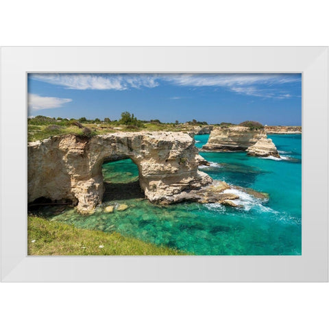 Italy-Apulia-Province of Lecce-Melendugno Torre SantAndrea Eroded limestone cliffs White Modern Wood Framed Art Print by Wilson, Emily