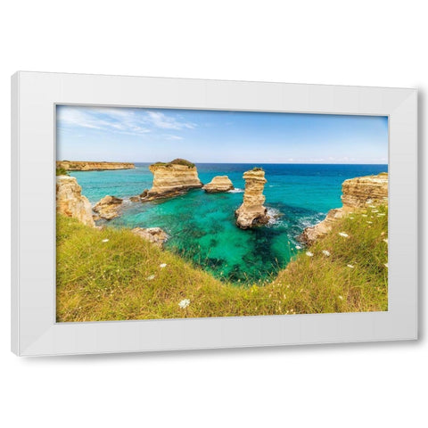 Italy-Apulia-Province of Lecce-Melendugno The Faraglioni of Torre SantAndrea White Modern Wood Framed Art Print by Wilson, Emily