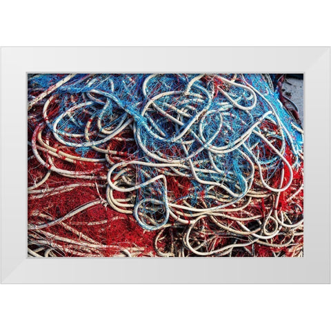 Italy-Apulia-Province of Lecce-Gallipoli Texture detail of fishing nets in red-white-and blue White Modern Wood Framed Art Print by Wilson, Emily