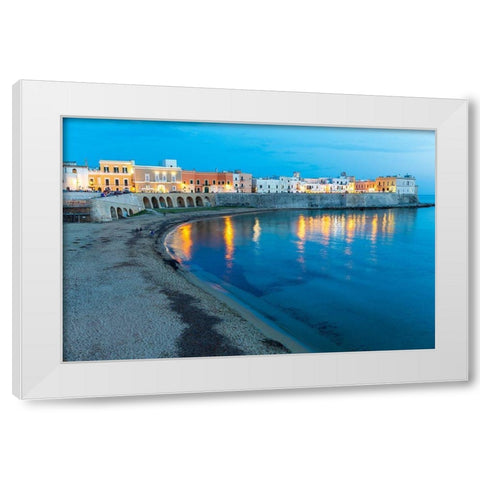 Italy-Apulia-Province of Lecce-Gallipoli Beach and old town section over the Ionian Sea at dusk White Modern Wood Framed Art Print by Wilson, Emily