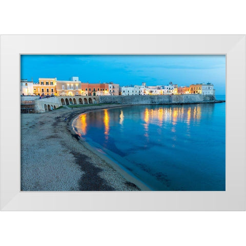 Italy-Apulia-Province of Lecce-Gallipoli Beach and old town section over the Ionian Sea at dusk White Modern Wood Framed Art Print by Wilson, Emily
