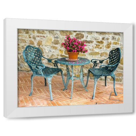 Italy-Chianti Table and chairs with a flowering begonia  White Modern Wood Framed Art Print by Eggers, Julie