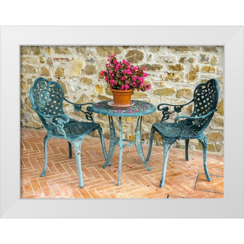 Italy-Chianti Table and chairs with a flowering begonia  White Modern Wood Framed Art Print by Eggers, Julie