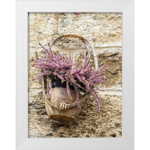 Italy-Chianti Basket of flowers hanging on a stone wall White Modern Wood Framed Art Print by Eggers, Julie