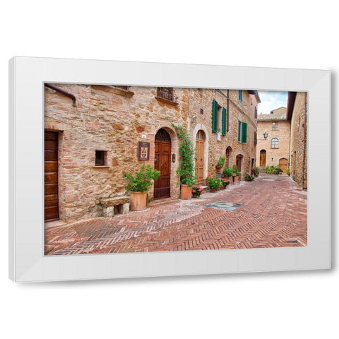 Italy-Tuscany-Pienza Flower pots and potted plants decorate a narrow street in a Tuscany village White Modern Wood Framed Art Print by Eggers, Julie