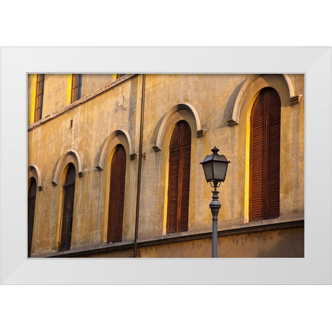 Italy-Tuscany-Lucca Street lamppost and arched windows with wooden shutters White Modern Wood Framed Art Print by Eggers, Julie