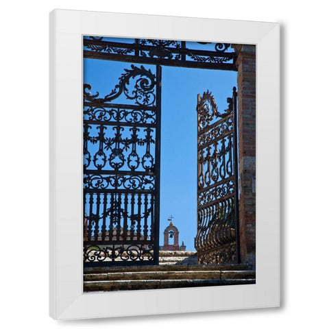 Italy-Tuscany-Montepulciano The wrought iron gate leading to the cemetery the Church of San Biaggio White Modern Wood Framed Art Print by Eggers, Julie