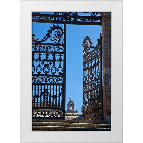 Italy-Tuscany-Montepulciano The wrought iron gate leading to the cemetery the Church of San Biaggio White Modern Wood Framed Art Print by Eggers, Julie