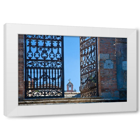 Italy-Tuscany-Montepulciano The wrought iron gate leading to cemetery near Church of San Biaggio White Modern Wood Framed Art Print by Eggers, Julie