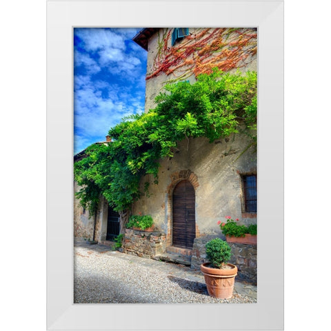 Italy-Tuscany Courtyard of an agriturismo near the hill town of Montalcino White Modern Wood Framed Art Print by Eggers, Julie