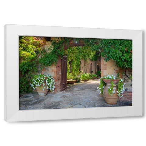Italy-Tuscany Courtyard of an agriturismo near the hill town of Montalcino White Modern Wood Framed Art Print by Eggers, Julie