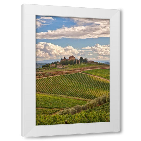 Italy-Tuscany A view of the vineyards and villa in Chianti region of Tuscany-Italy White Modern Wood Framed Art Print by Eggers, Julie