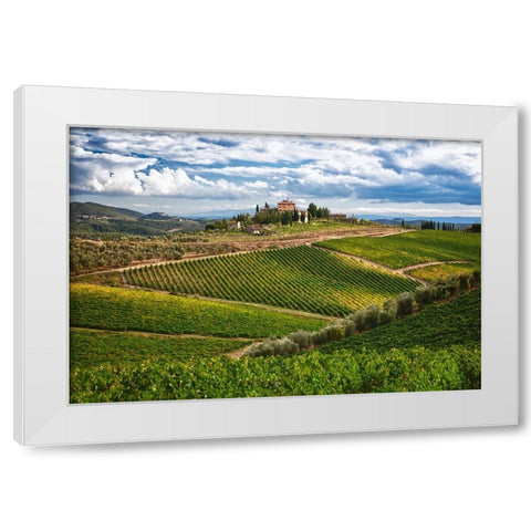 Italy-Tuscany A view of the vineyards and villa in Chianti region of Tuscany-Italy White Modern Wood Framed Art Print by Eggers, Julie