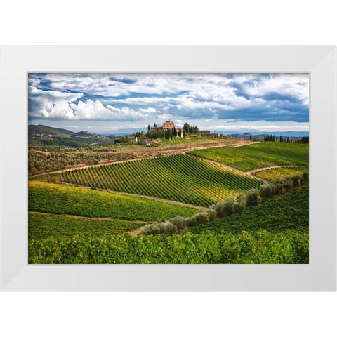 Italy-Tuscany A view of the vineyards and villa in Chianti region of Tuscany-Italy White Modern Wood Framed Art Print by Eggers, Julie