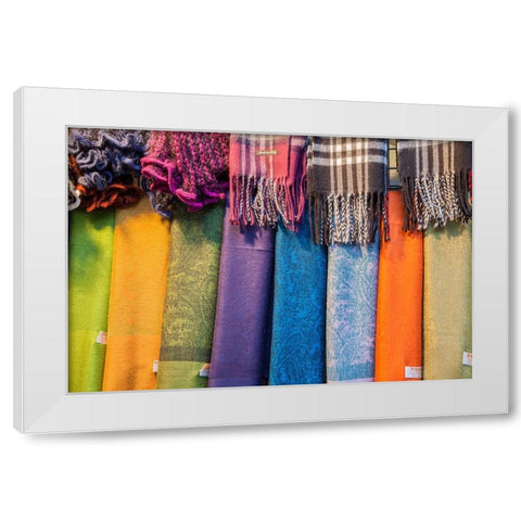 Italy-Venice Colorful scarfs on display and for sale along the streets of Venice White Modern Wood Framed Art Print by Eggers, Julie