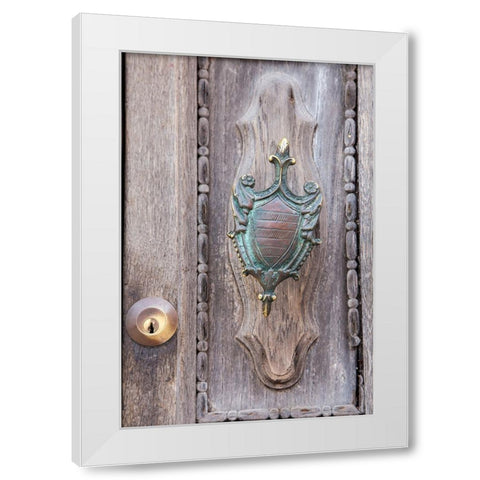 Italy-Venice-Burano Island Closeup of brass detail on an old wooden door on Burano Island White Modern Wood Framed Art Print by Eggers, Julie