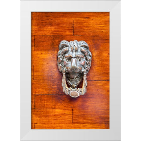Italy-Venice-Burano Island Closeup of a lion head door knocker on a wooden door White Modern Wood Framed Art Print by Eggers, Julie