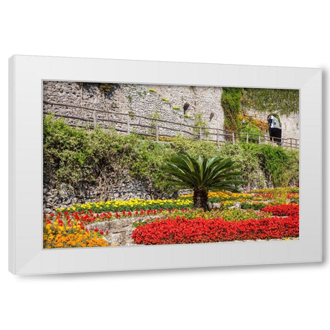 Italy-Campania-Ravello Flower garden of Villa Rufolo over looking the Amalfi Coast White Modern Wood Framed Art Print by Eggers, Julie