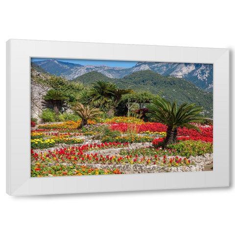 Italy-Ravello Flower garden of Villa Rufolo over looking the Amalfi Coast and the Gulf of Salerno White Modern Wood Framed Art Print by Eggers, Julie