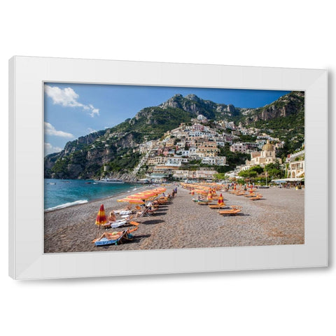 Italy-Positano Beautiful Beach of the Town of Positano with sunbathers White Modern Wood Framed Art Print by Eggers, Julie