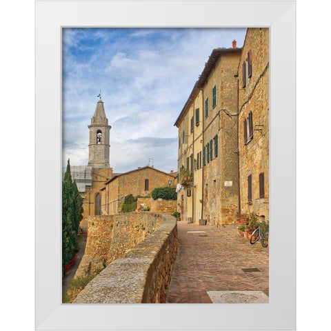Italy-Tuscany-Pienza Walkway leading to the bell tower of the Pienza cathedral White Modern Wood Framed Art Print by Eggers, Julie