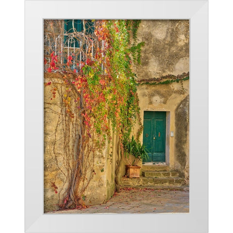 Italy-Tuscany-Monticchiello Red ivy covering the walls of the buildings White Modern Wood Framed Art Print by Eggers, Julie