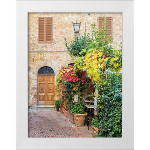 Italy-Tuscany-Pienza Doorway surrounded by flowers White Modern Wood Framed Art Print by Eggers, Julie