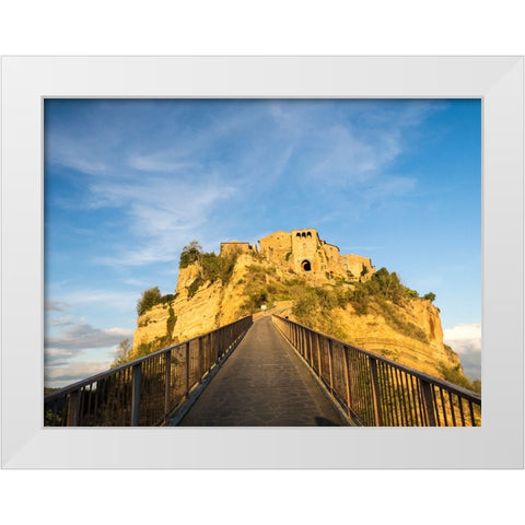 Italy-Tuscany-Civita di Bagnoregio Evening view of the bridge White Modern Wood Framed Art Print by Eggers, Julie