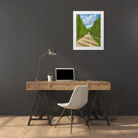 Italy-Tuscany Road lined with Italian cypress leading to a villa White Modern Wood Framed Art Print by Eggers, Julie