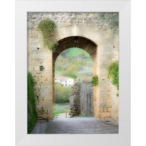 Italy-Chianti-Monteriggioni Looking out an arched entrance into the walled town White Modern Wood Framed Art Print by Eggers, Julie