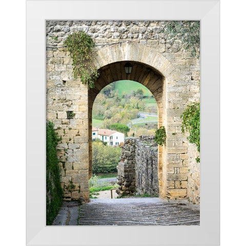 Italy-Chianti-Monteriggioni Looking out an arched entrance into the walled town White Modern Wood Framed Art Print by Eggers, Julie