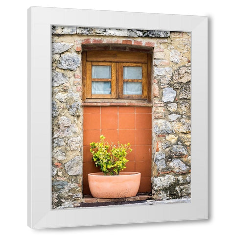 Italy-Chianti-Monteriggioni Wooden shutters on a window with planter below White Modern Wood Framed Art Print by Eggers, Julie